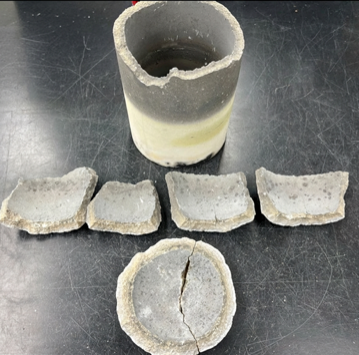 Photo showing crucible wear after superalloy casting testing