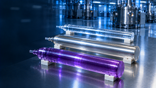 Three cylindrical single crystal boules resting on supports in a crystal growth facility