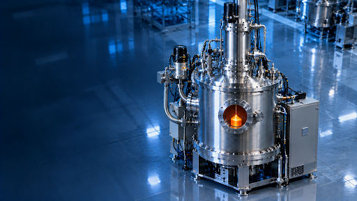 Czochralski method crystal growth furnace with a viewport showing the glowing hot zone inside